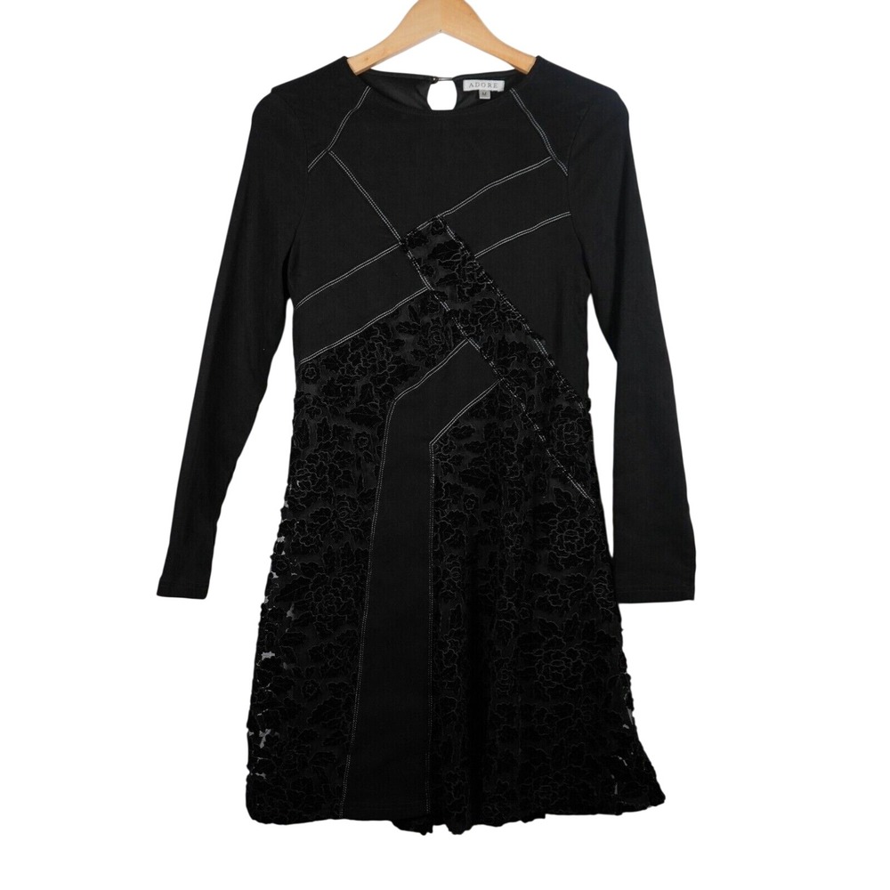Adore Mini‎ Dress Womens Medium Black Floral Lace Contrast Stitch Long Sleeve